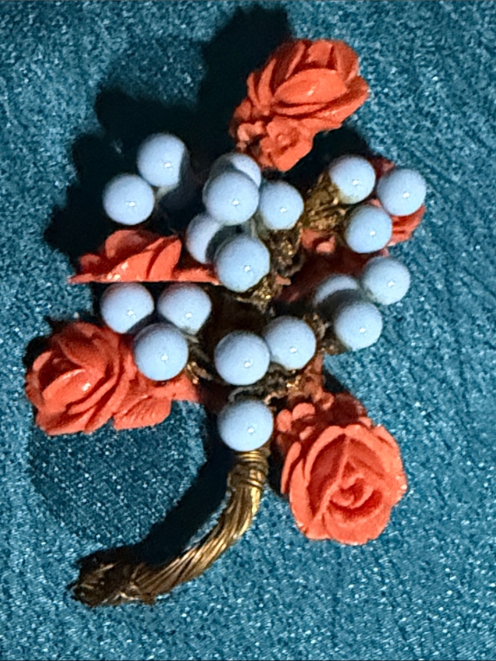 Vintage Floral resin Coral Rose & turquoise glass Bead Cluster Brooch - handmade